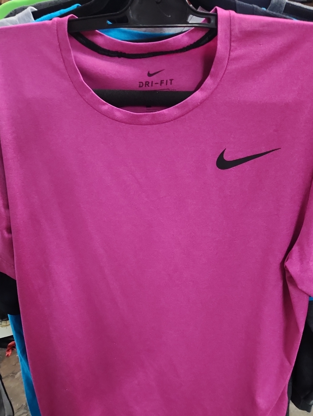Nike Men's Dri-Fit Pink Short Sleeve Shirt with Black Swoosh